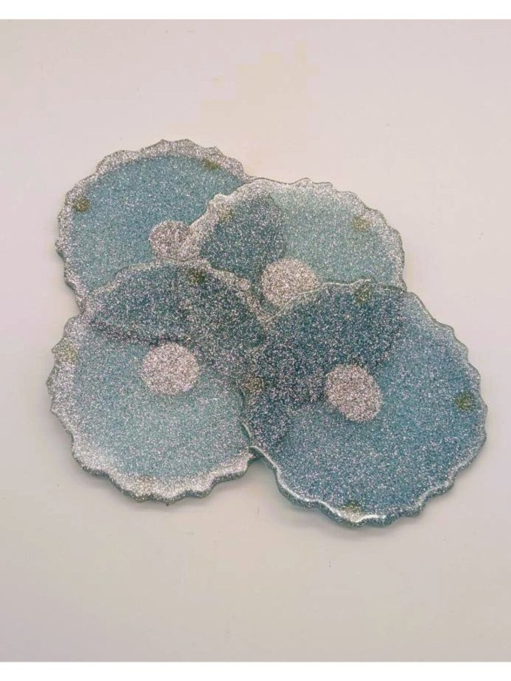 Handmade Blue Glitter Resin Coaster Set – 4 Scalloped Drink Coasters